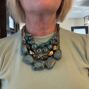 Multi-Strand Turquoise & Gold Statement Necklace - Women Jewelry